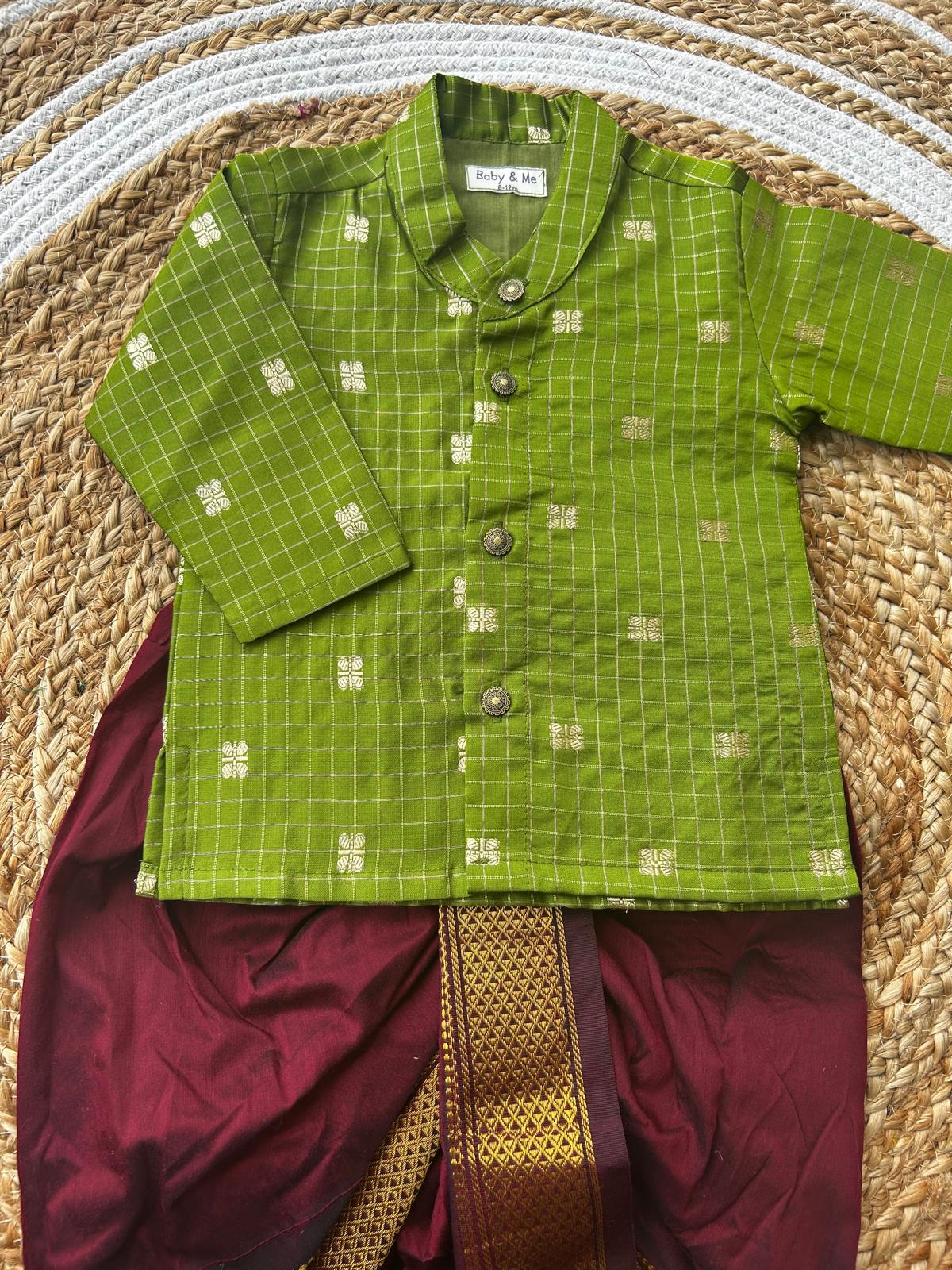 Green with maroon reshme chowka Kurta Dhoti for baby boy - Festive Collection