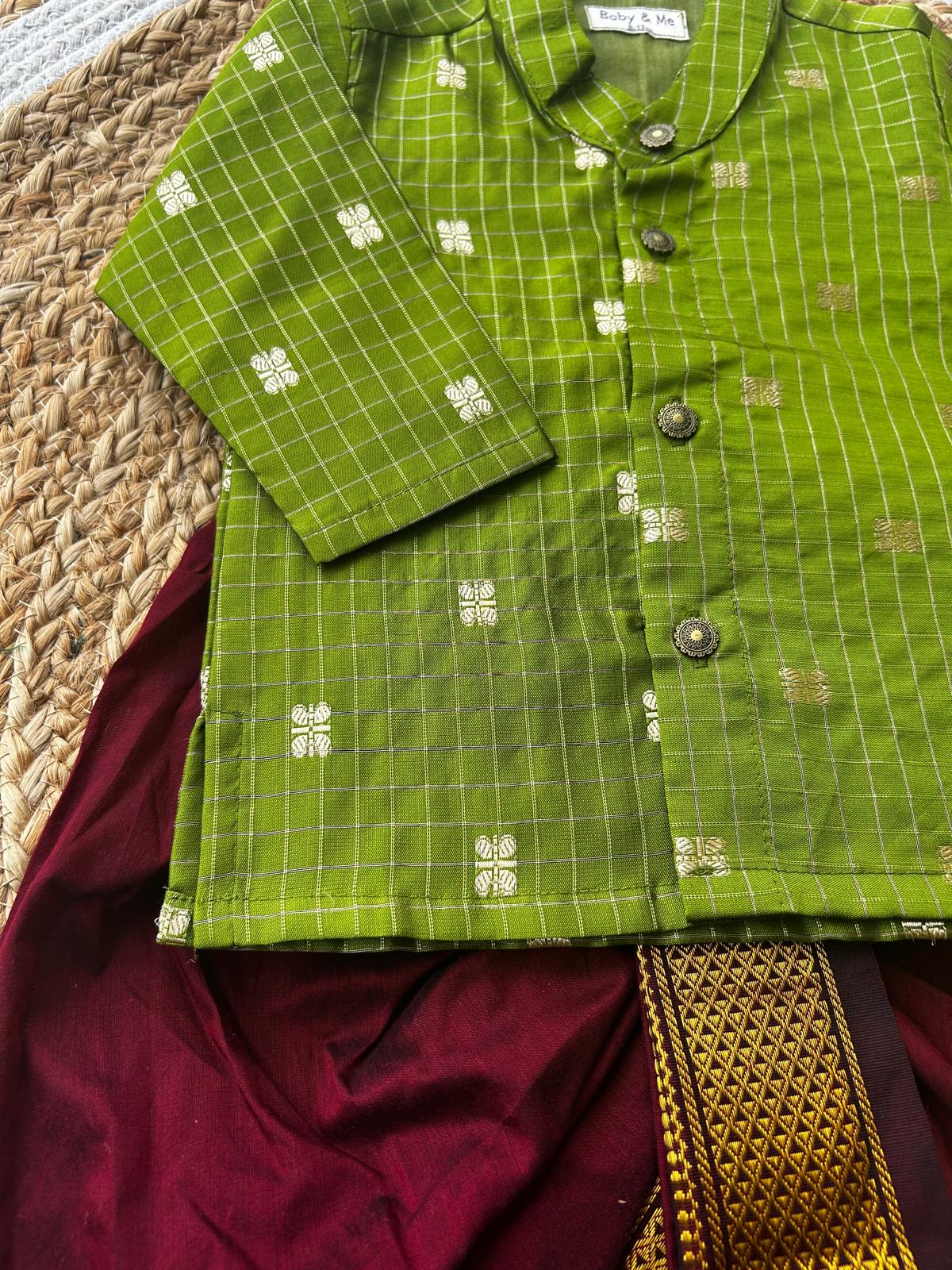 Green with maroon reshme chowka Kurta Dhoti for baby boy - Festive Collection