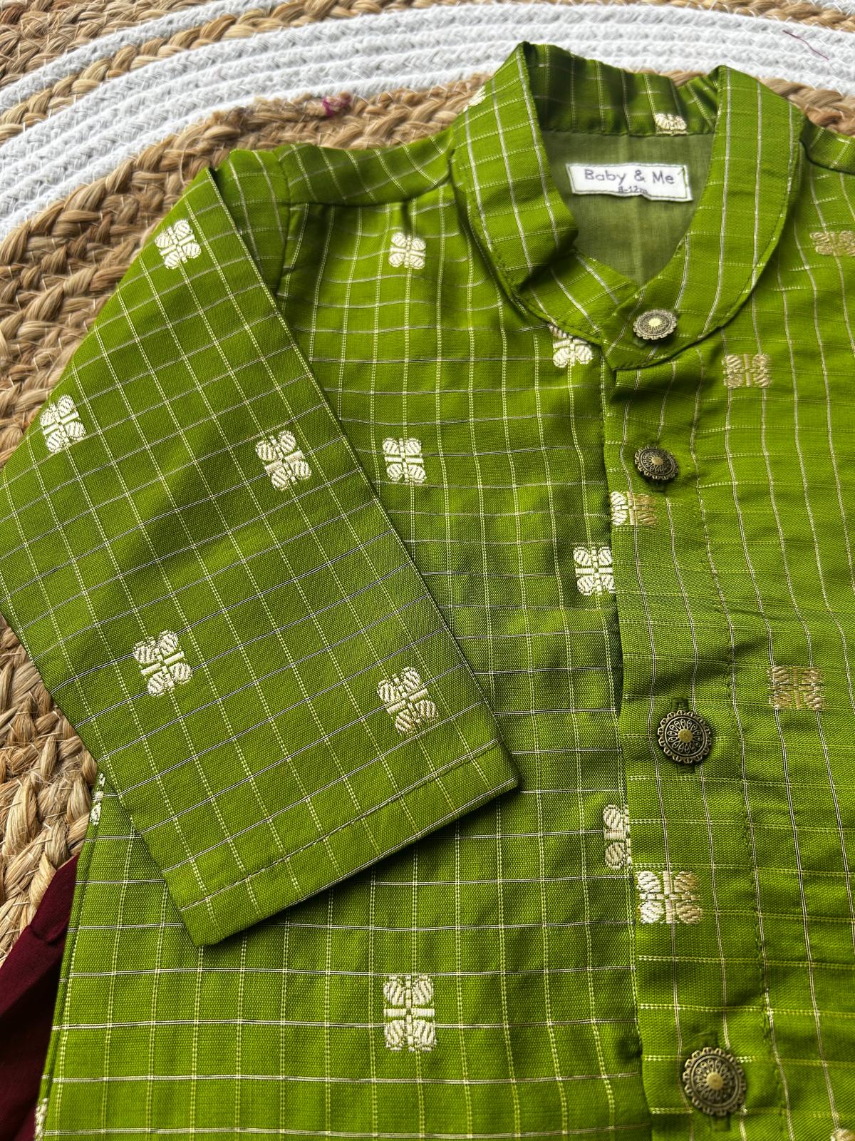Green with maroon reshme chowka Kurta Dhoti for baby boy - Festive Collection