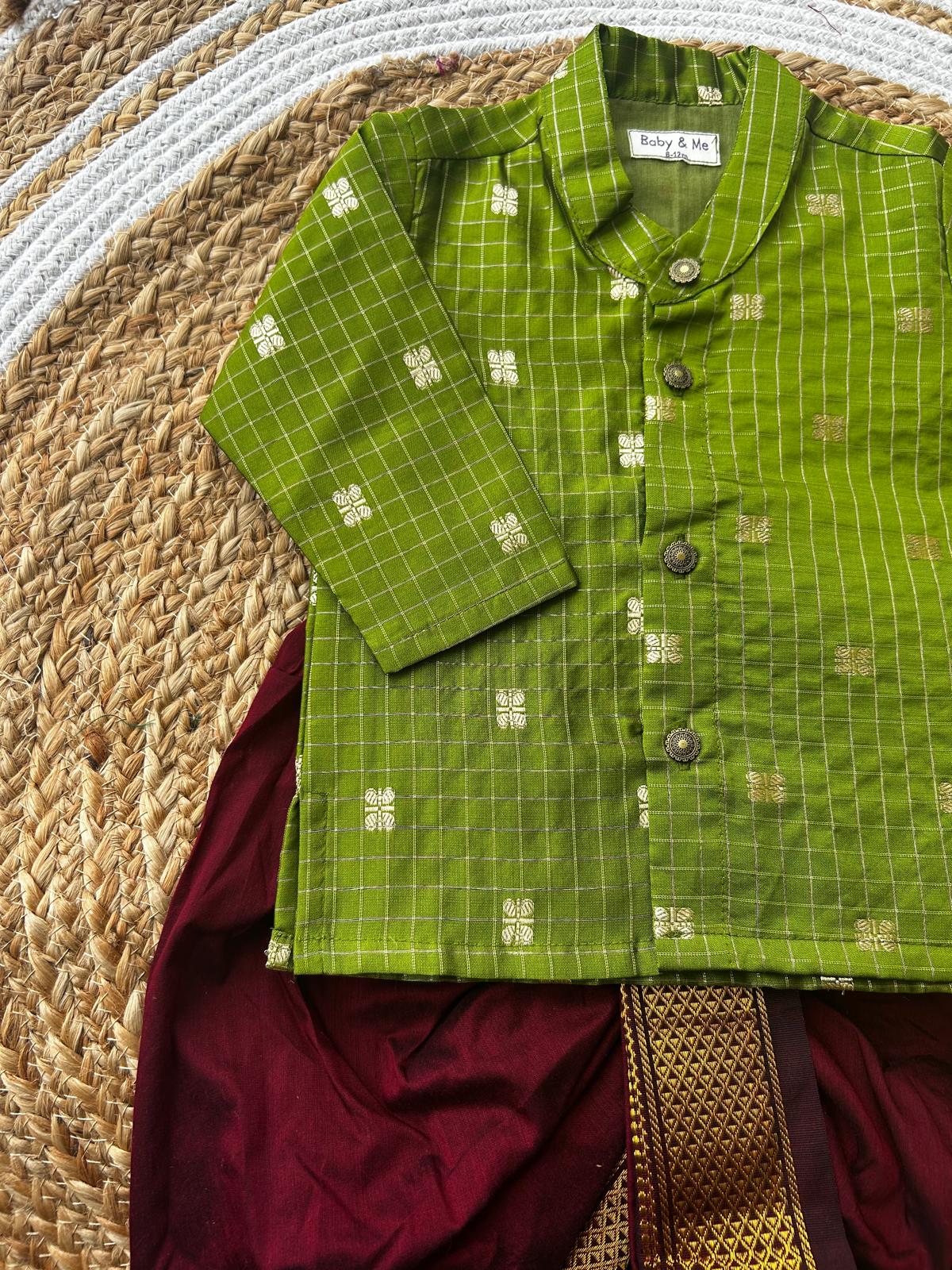 Green with maroon reshme chowka Kurta Dhoti for baby boy - Festive Collection