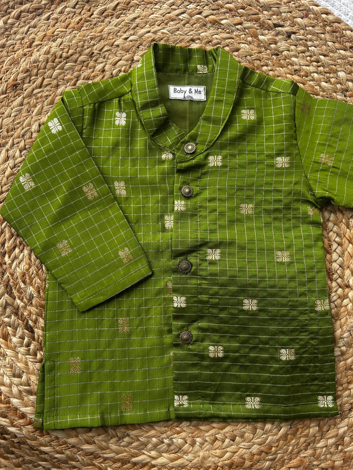 Green with maroon reshme chowka Kurta Dhoti for baby boy - Festive Collection
