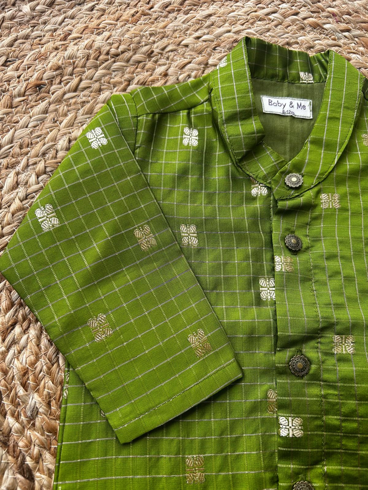 Green with maroon reshme chowka Kurta Dhoti for baby boy - Festive Collection