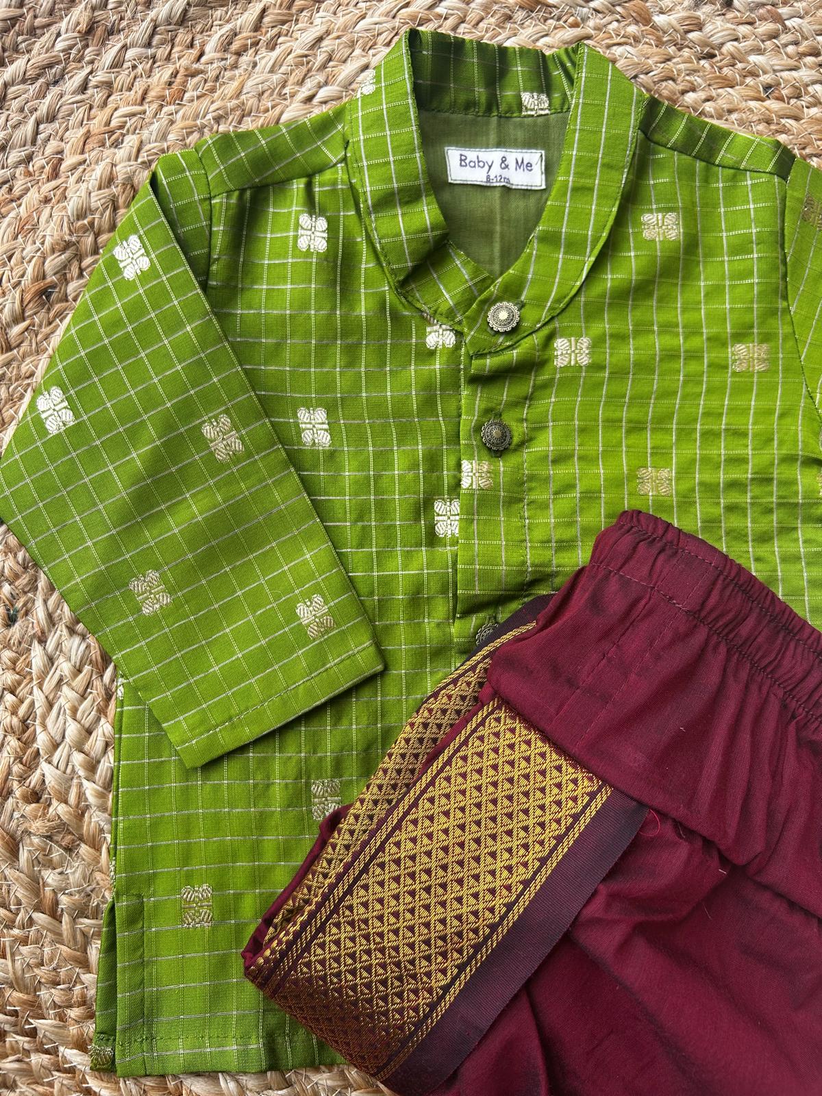 Green with maroon reshme chowka Kurta Dhoti for baby boy - Festive Collection