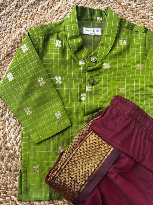 Green with maroon reshme chowka Kurta Dhoti for baby boy - Festive Collection