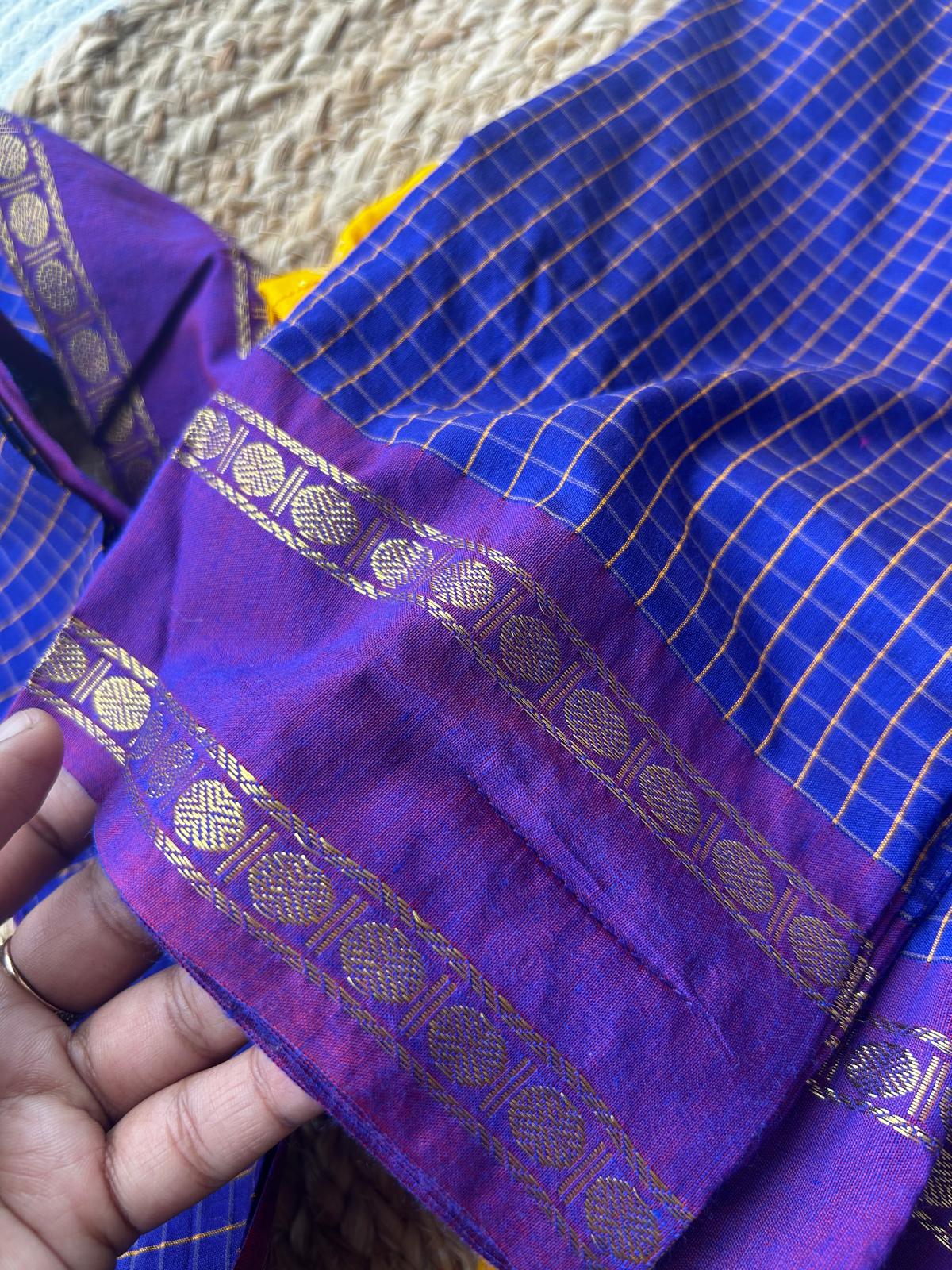 Blue checked with violet border muttukattam saree with yellow blouse  - Ready to wear saree for kids Ethnic wear for baby girl