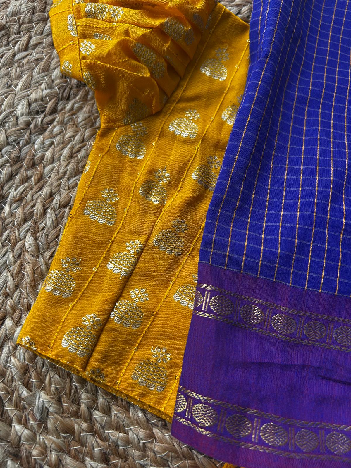 Blue checked with violet border muttukattam saree with yellow blouse  - Ready to wear saree for kids Ethnic wear for baby girl