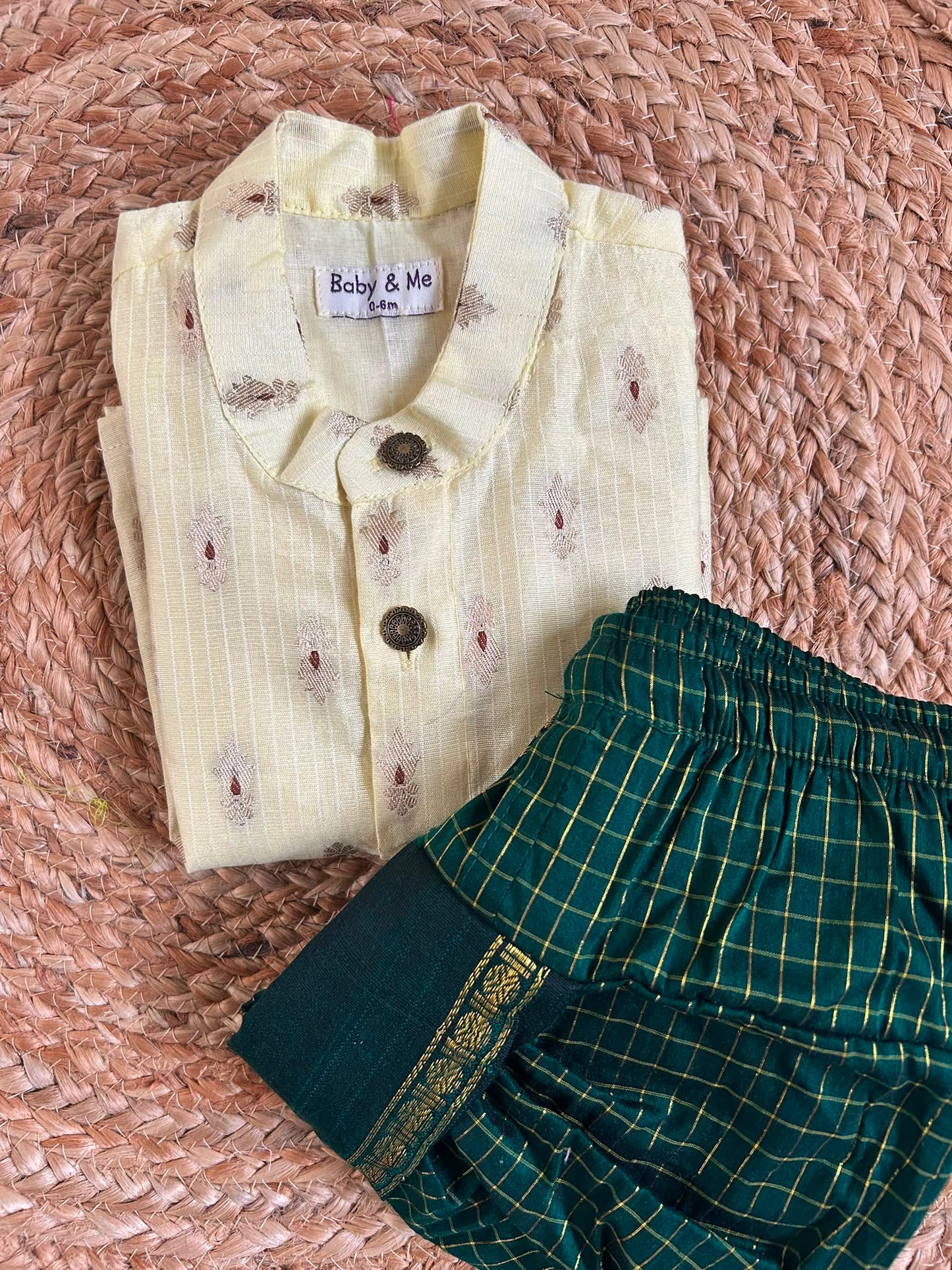 Yellow banarasi cotton with zari butta work and bottle green checked Dhoti for Boys – Traditional Ethnic Wear for Baby Boy