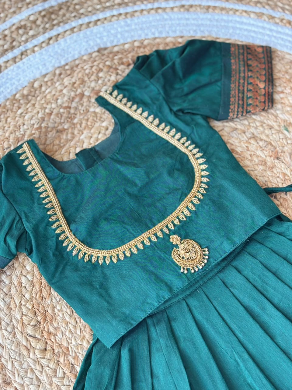 Traditional pavadai pure cotton with zari weaving and hand embroidery Bottle green langa blouse set for baby girl