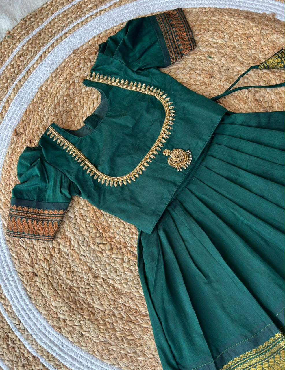 Traditional pavadai pure cotton with zari weaving and hand embroidery Bottle green langa blouse set for baby girl