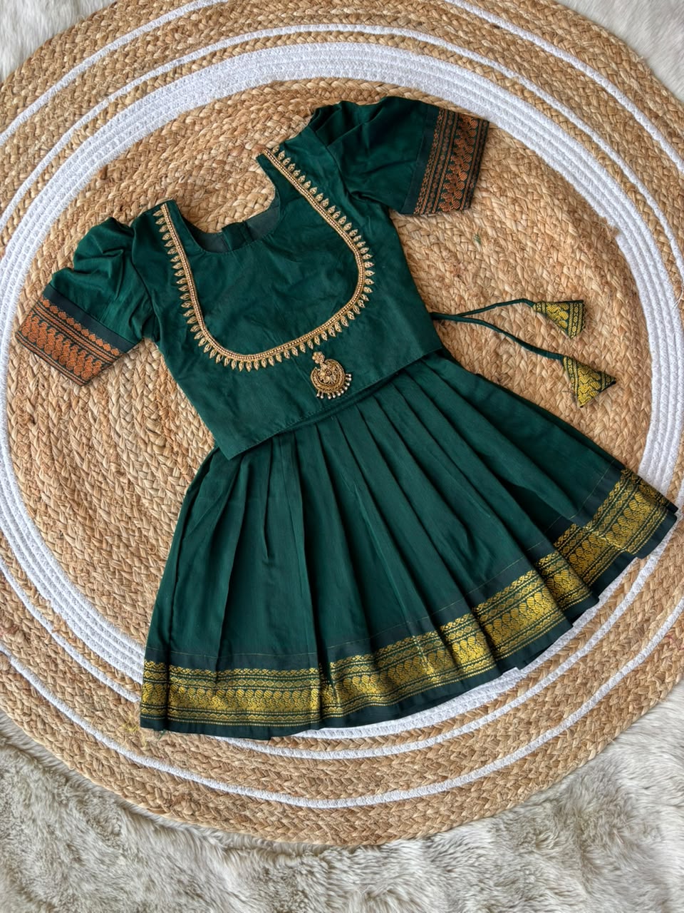 Traditional pavadai pure cotton with zari weaving and hand embroidery Bottle green langa blouse set for baby girl