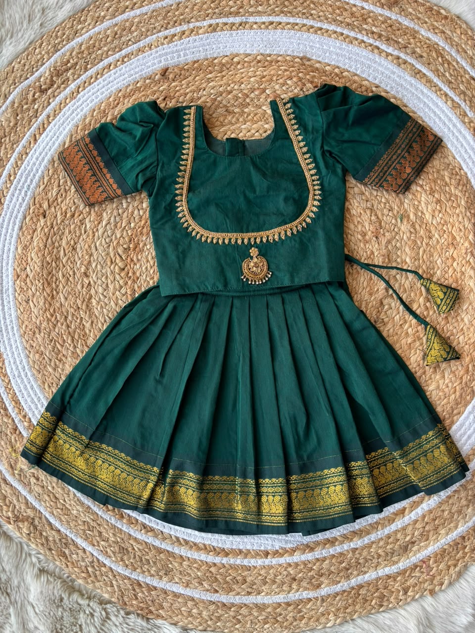Traditional pavadai pure cotton with zari weaving and hand embroidery Bottle green langa blouse set for baby girl