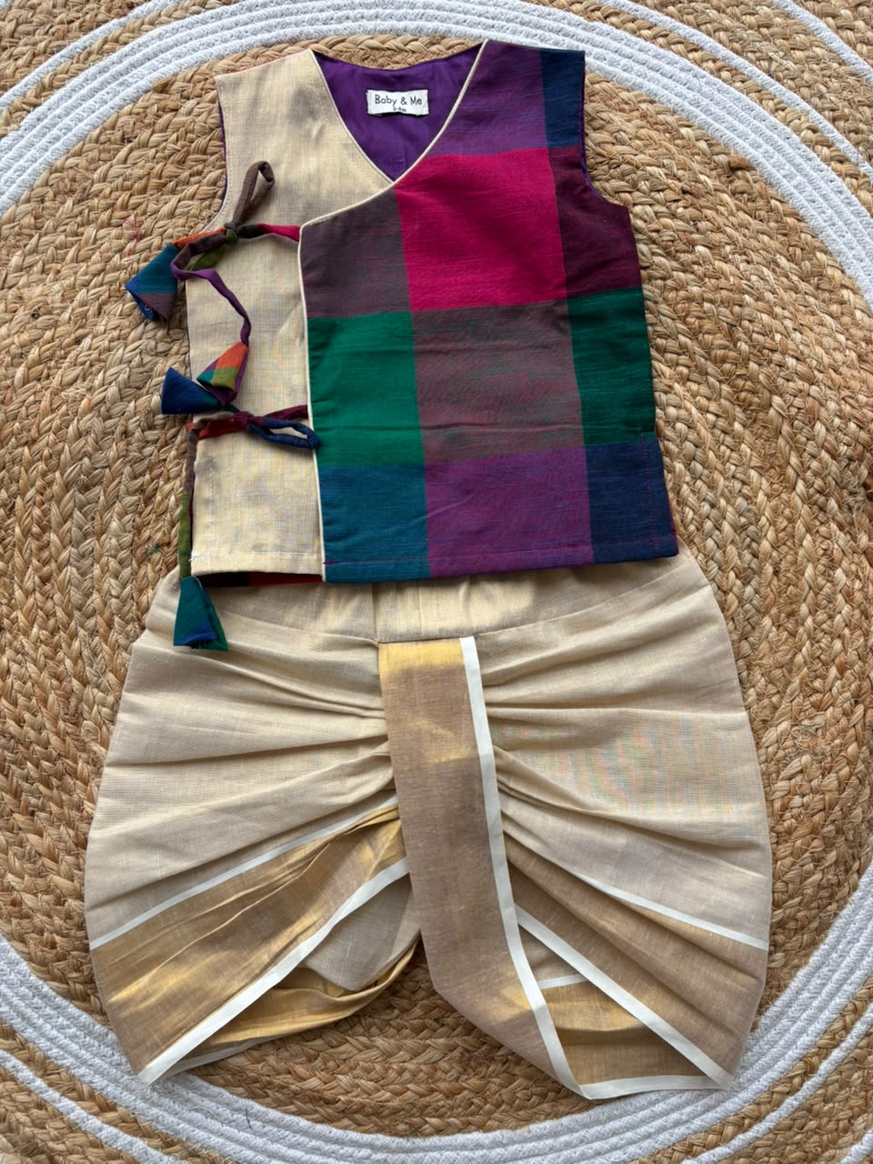 Madras checks angrakha with gold tissue dhoti comfortable ethnic wear for baby boy