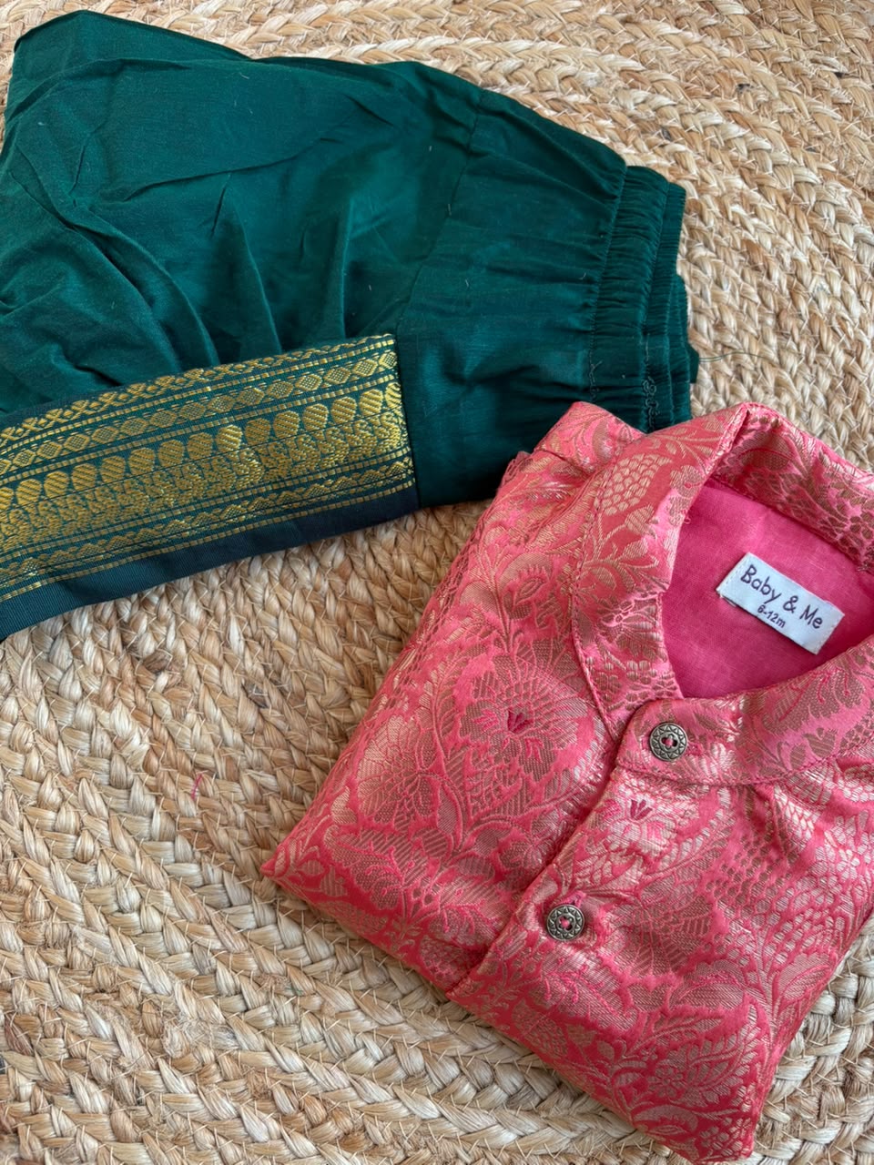 Peach banarasi kurta with traditional Bottle green dhoti ethnic wear for baby boy