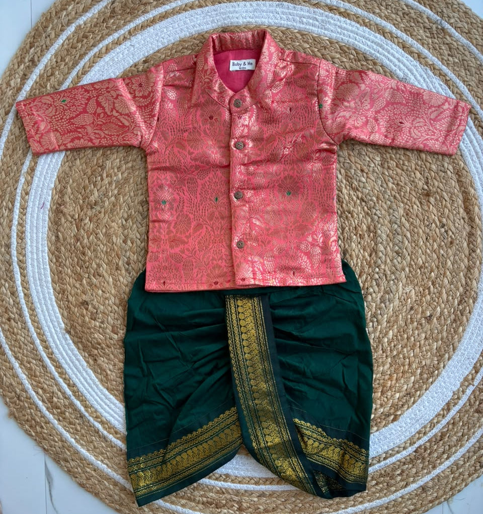 Peach banarasi kurta with traditional Bottle green dhoti ethnic wear for baby boy
