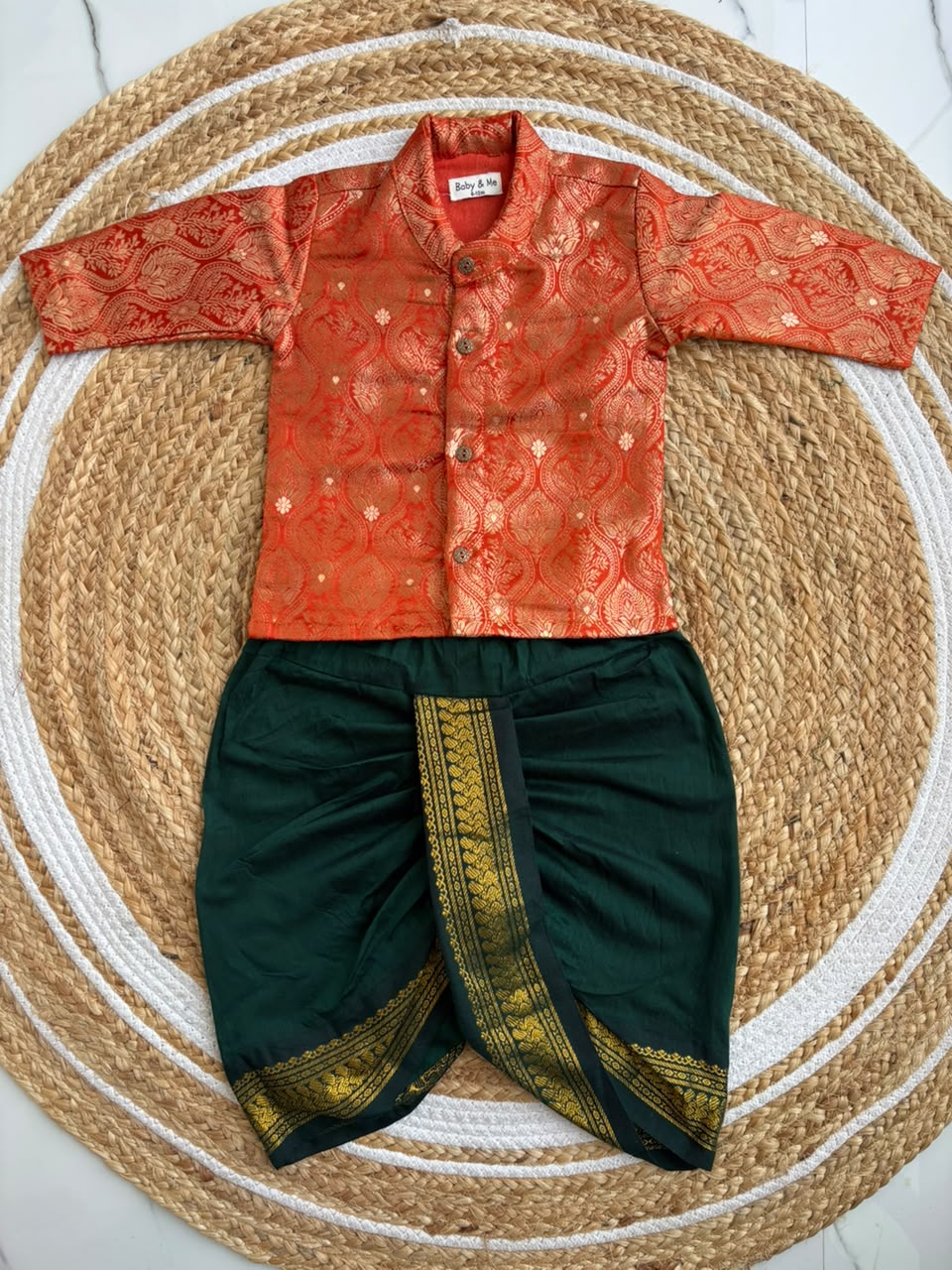 Orange banarasi kurta with traditional Bottle green dhoti ethnic wear for baby boy