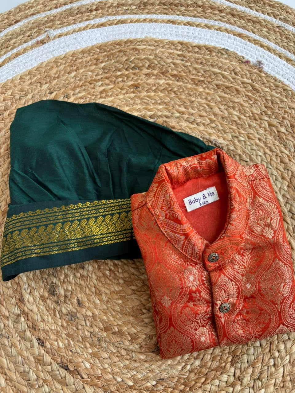 Orange banarasi kurta with traditional Bottle green dhoti ethnic wear for baby boy