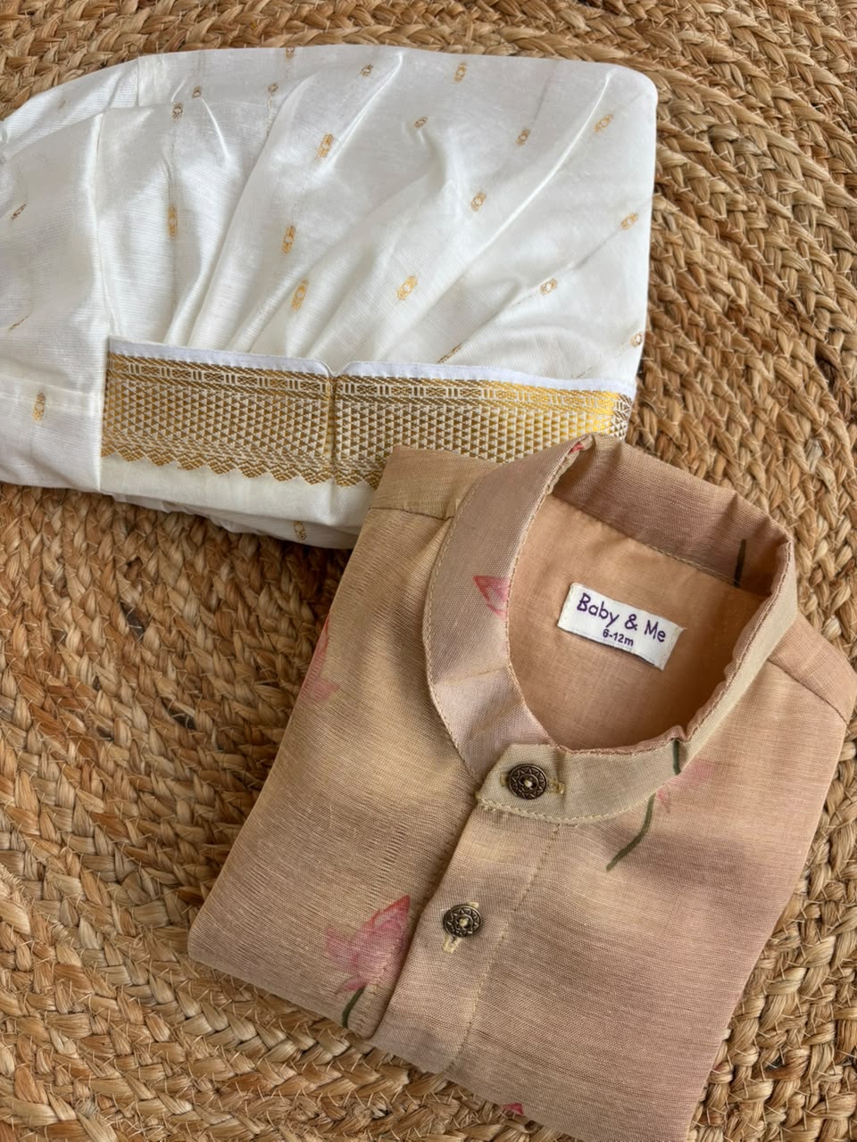 Golden silk with lotus printed kurta with traditional White with gold broder dhoti ethnic wear for baby boy