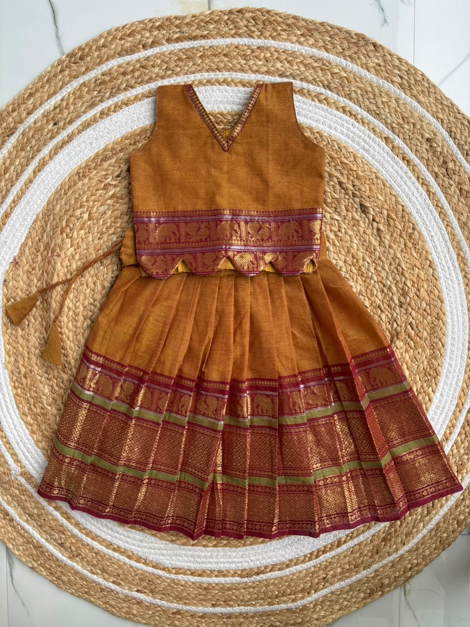 Mustard Yellow & Deep Maroon Traditional langa blouse pure kanchi cotton weave sleeveless for baby girl