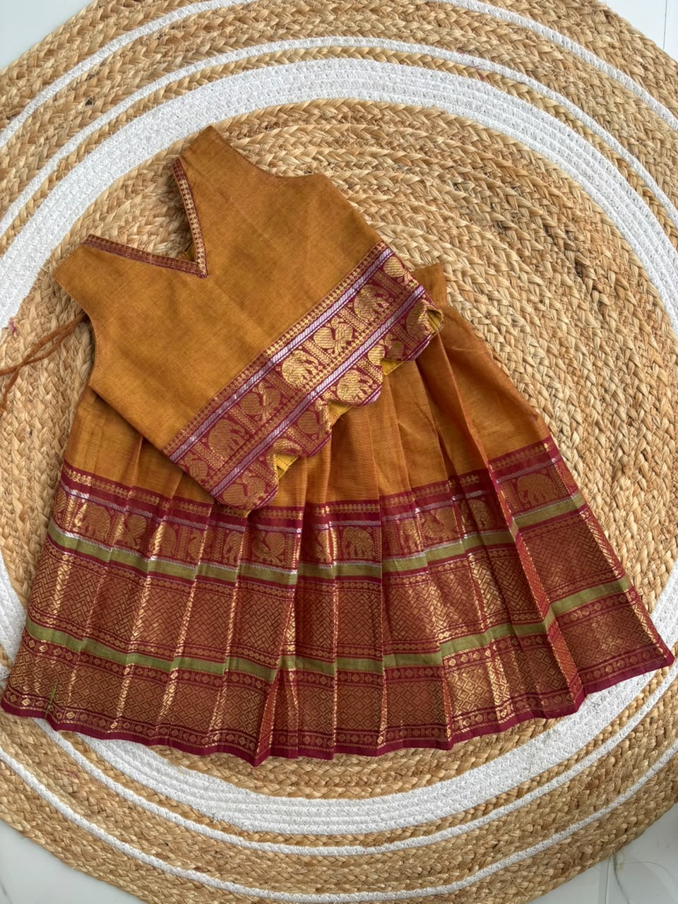 Mustard Yellow & Deep Maroon Traditional langa blouse pure kanchi cotton weave sleeveless for baby girl