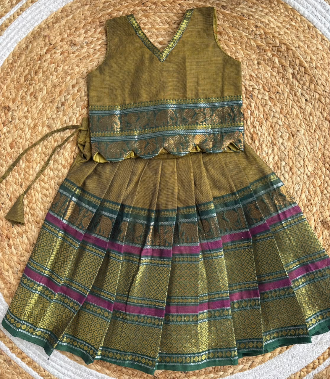 Olive Green Traditional langa blouse pure kanchi cotton weave sleeveless for baby girl