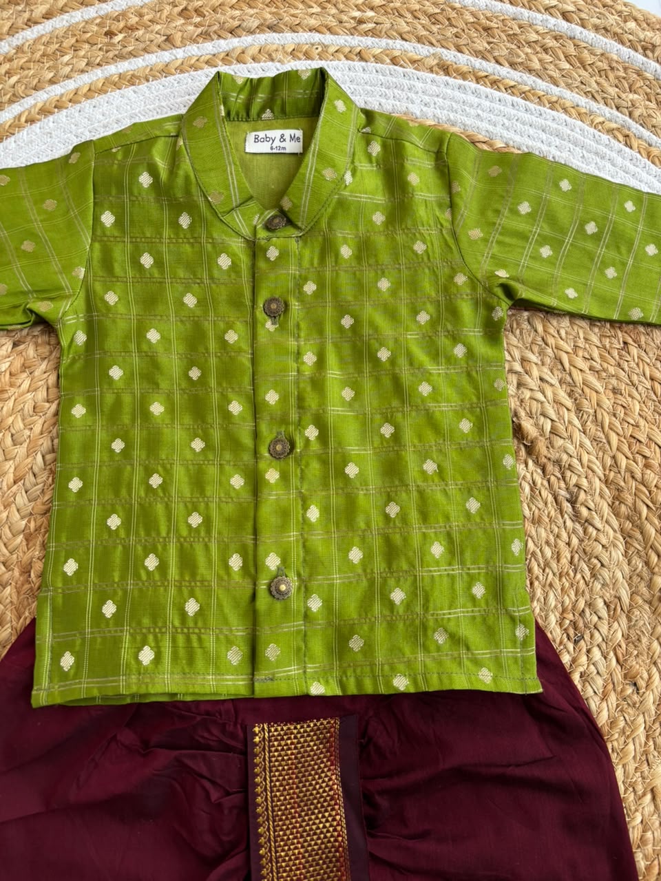 Parrot Green with maroon reshme chowka Kurta Dhoti for baby boy - Festive Collection