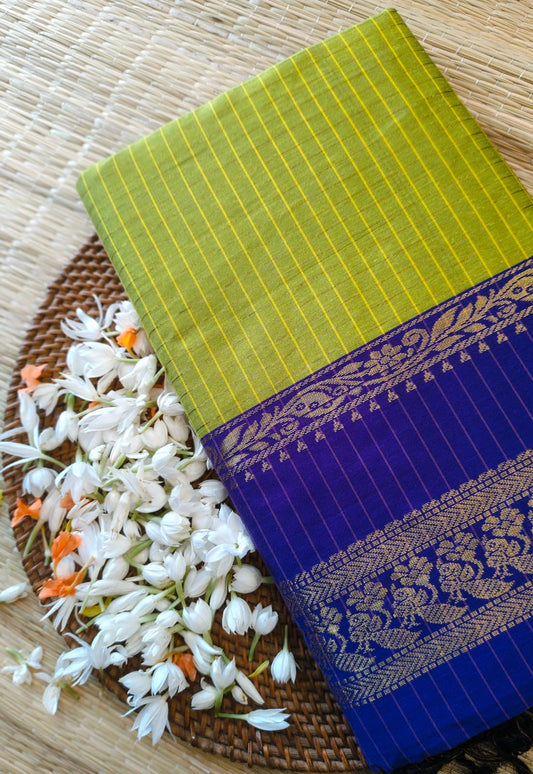 Green and blue - Premium Checked Cotton Chequered Silk Saree with Contrast Blouse