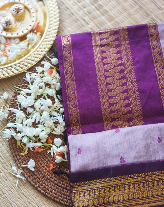 Wine and Lavenderish Grey - Premium Cotton Silk Saree with Contrast Blouse