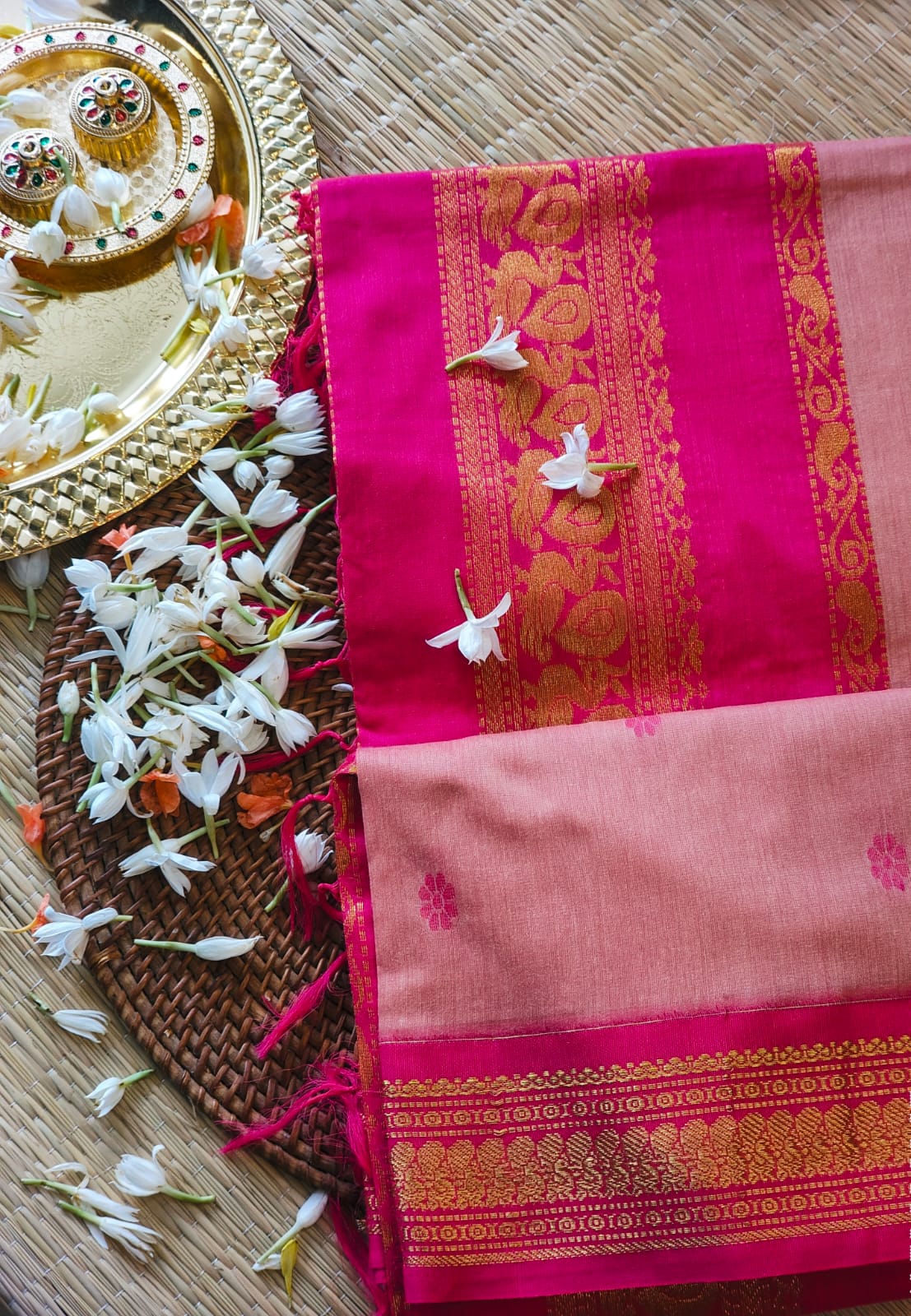 Baby Pink and Magenta - Premium Cotton Silk Saree with Contrast Blouse