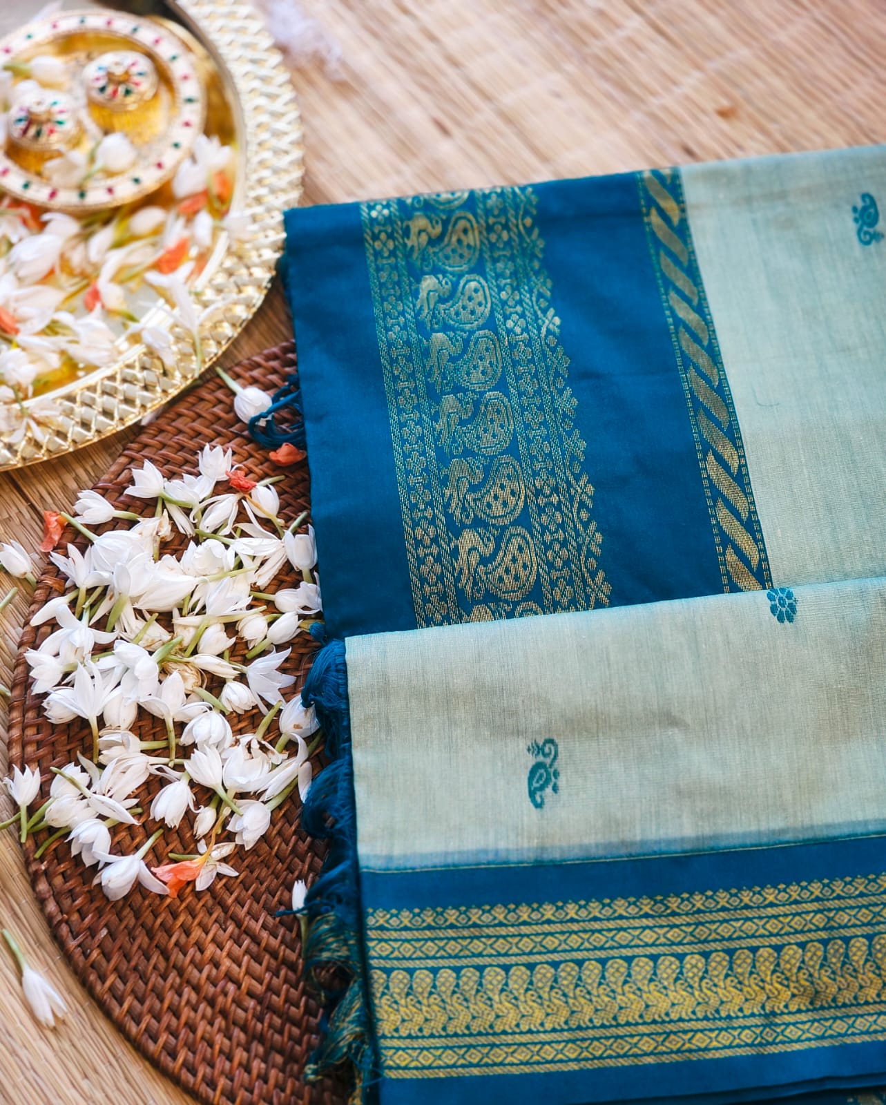 Rama Green - Premium Cotton Silk Saree with Contrast Blouse