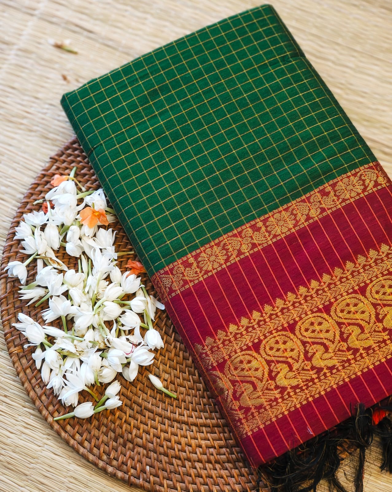 Bottle Green with Red - Premium Cotton Silk Saree with Contrast Blouse