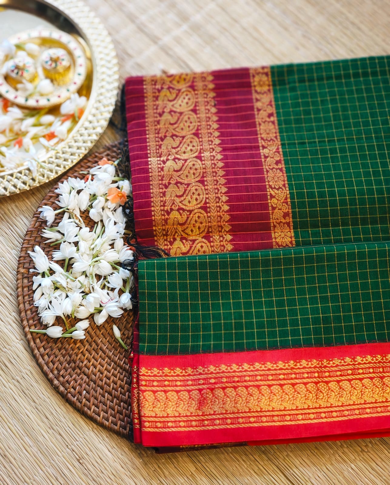 Bottle Green with Red - Premium Cotton Silk Saree with Contrast Blouse