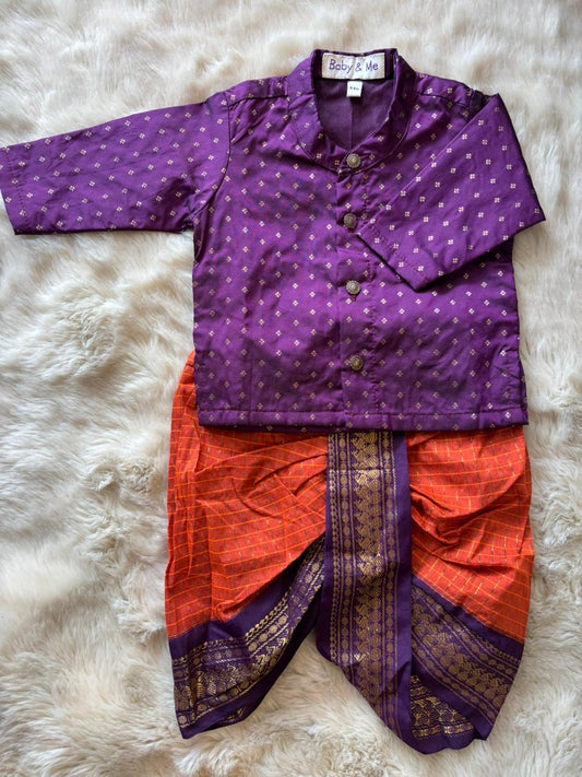Wine Butta with Rusty Orange kurta dhoti baby boy ethnic wear