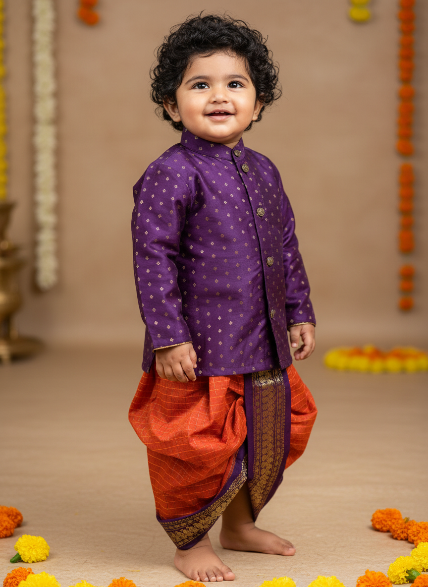 Wine Butta with Rusty Orange kurta dhoti baby boy ethnic wear