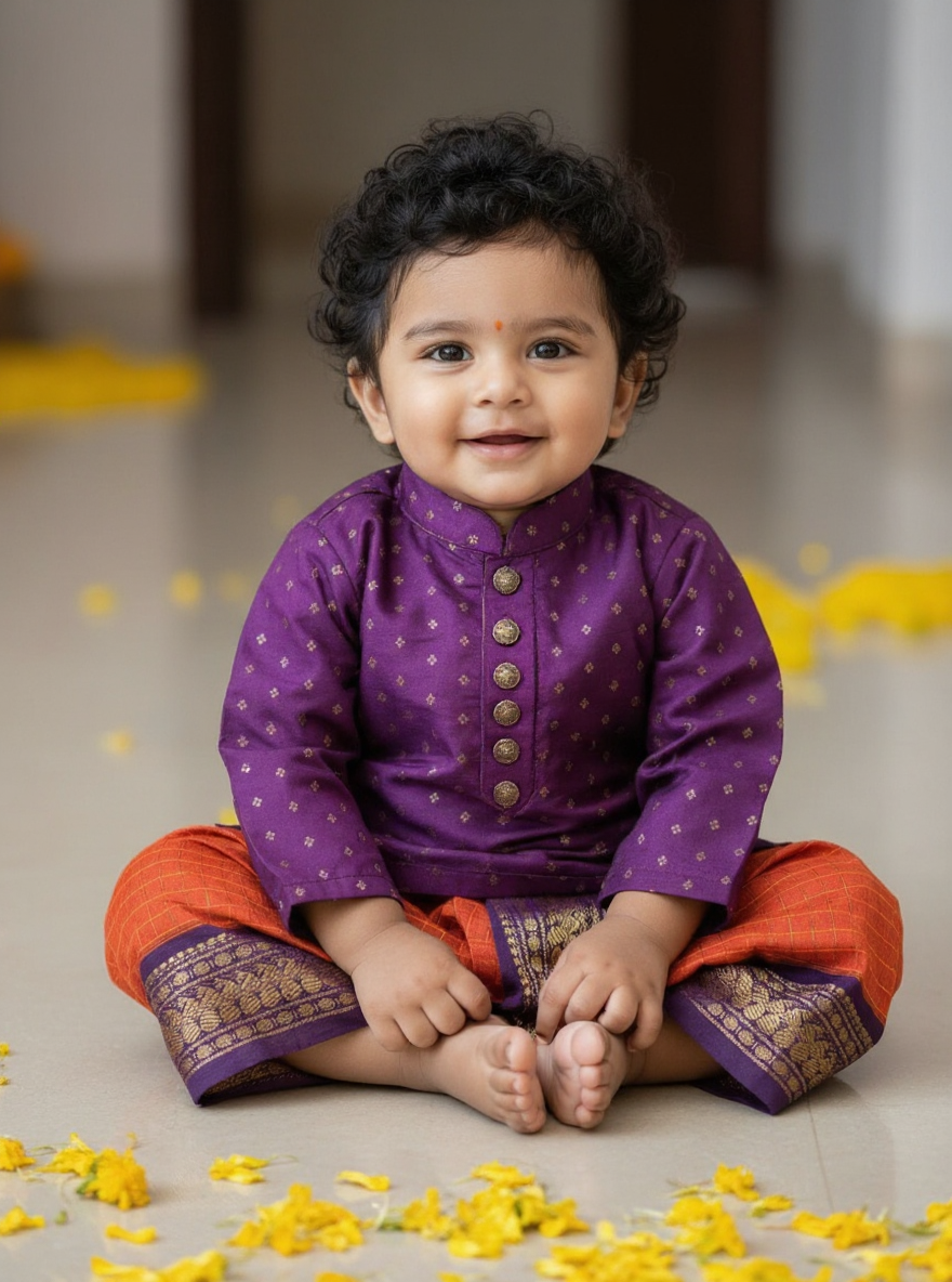 Wine Butta with Rusty Orange kurta dhoti baby boy ethnic wear