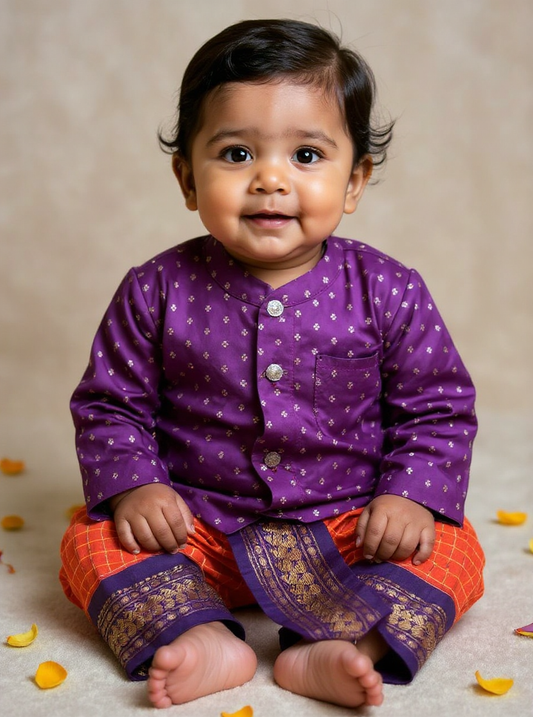 Wine Butta with Rusty Orange kurta dhoti baby boy ethnic wear