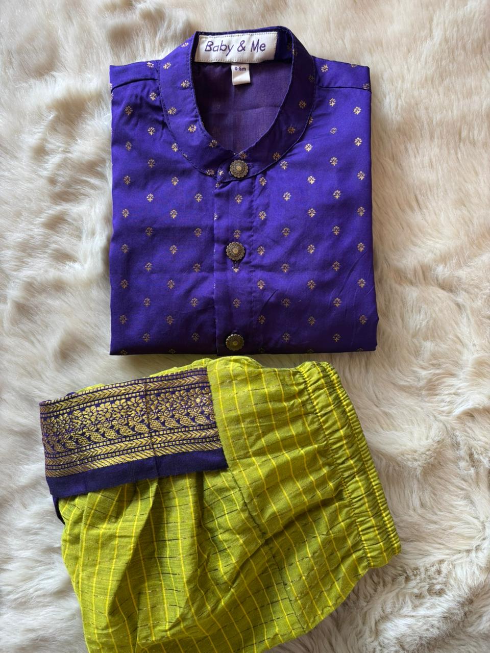 Purple with Green checked kurta dhoti baby boy ethnic wear