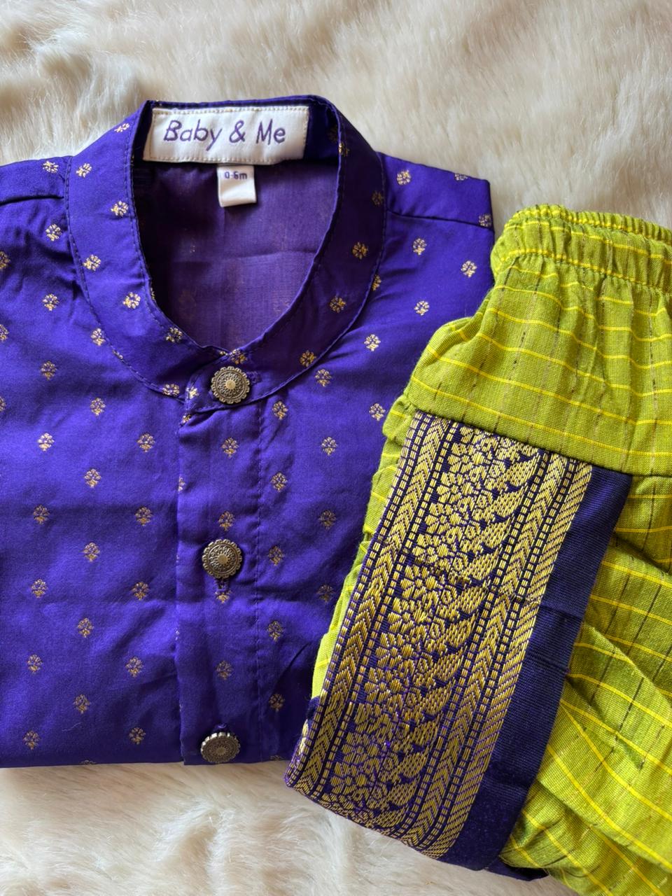 Purple with Green checked kurta dhoti baby boy ethnic wear
