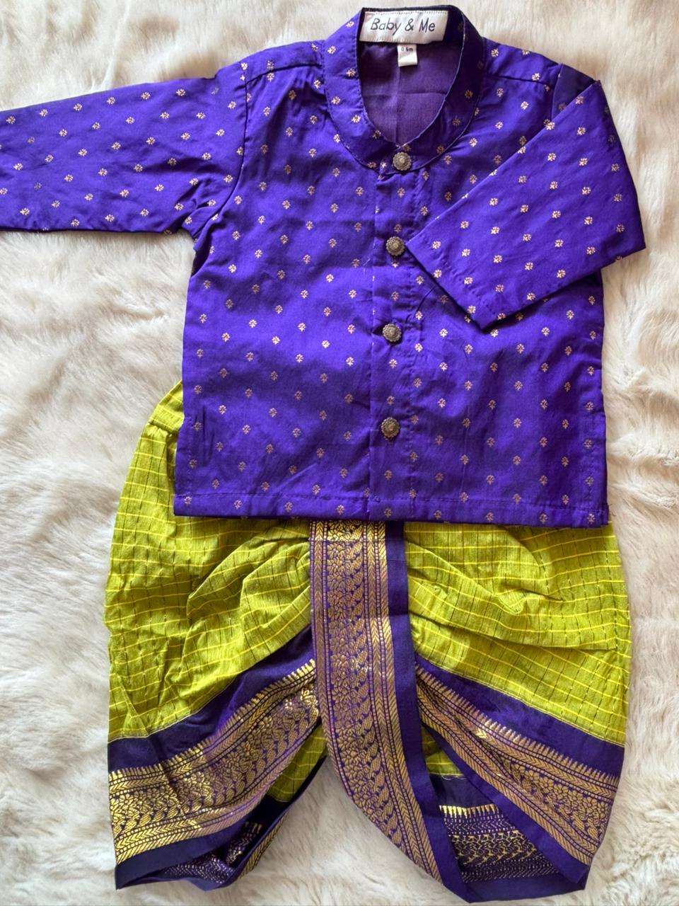 Purple with Green checked kurta dhoti baby boy ethnic wear