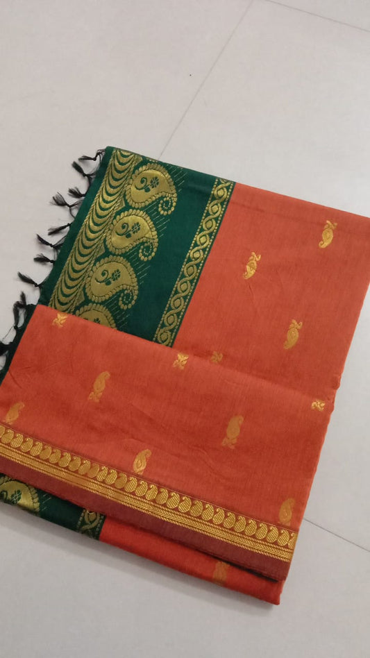 Fanta Orange and Bottle green - Premium Cotton Silk Saree with Contrast Blouse