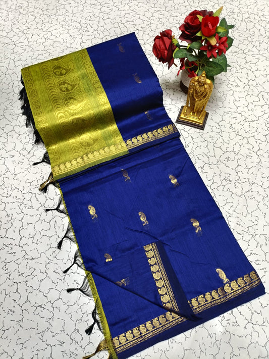 Royal blue and Light green - Premium Cotton Silk Saree with Contrast Blouse