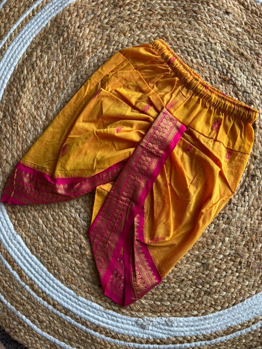 Yellow with pink border cotton silk dhoti baby boy ethnic bottom wear