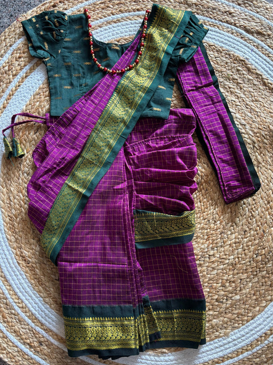 Checked Wine and bottle green- Ready to wear muttukattam saree for kids Ethnic wear for baby girl