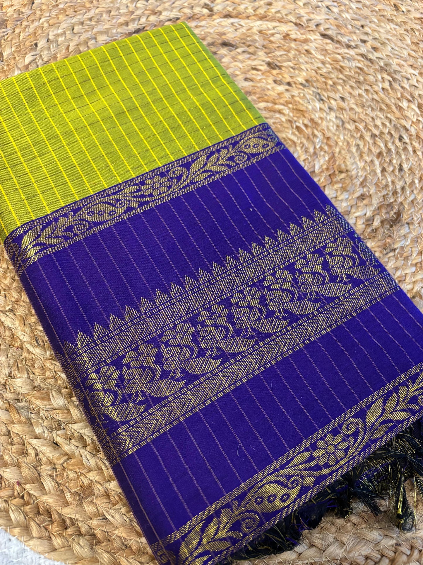 Green and purple - Premium Checked Cotton Chequered Silk Saree with Contrast Blouse