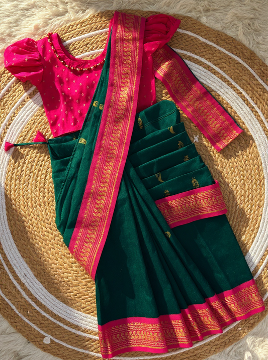 Pink and bottle green  - Ready to wear saree for kids Ethnic wear for baby girl
