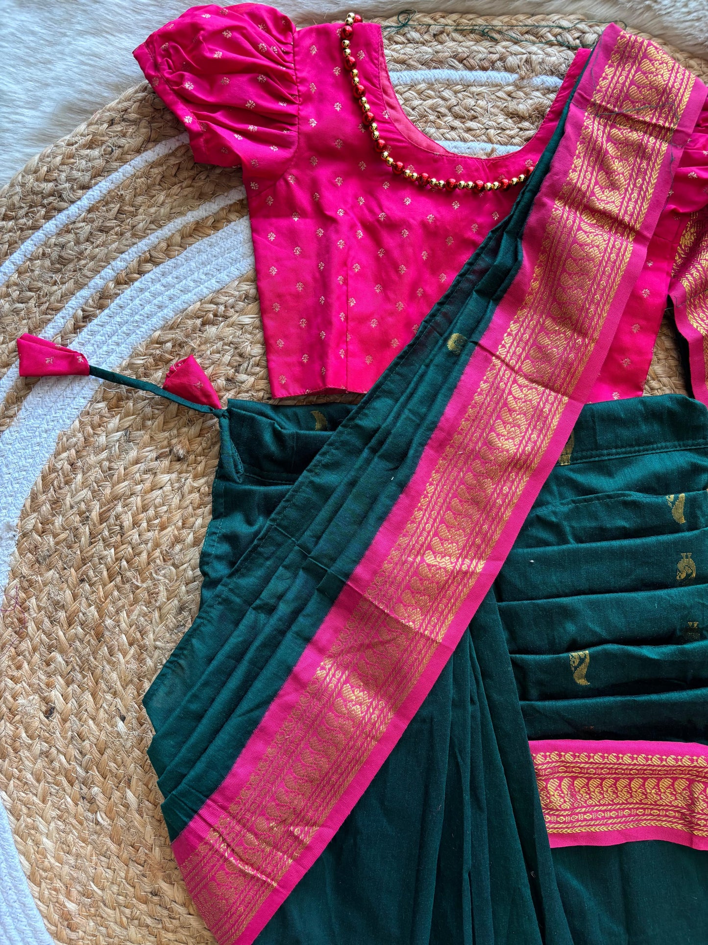 Pink and bottle green  - Ready to wear saree for kids Ethnic wear for baby girl