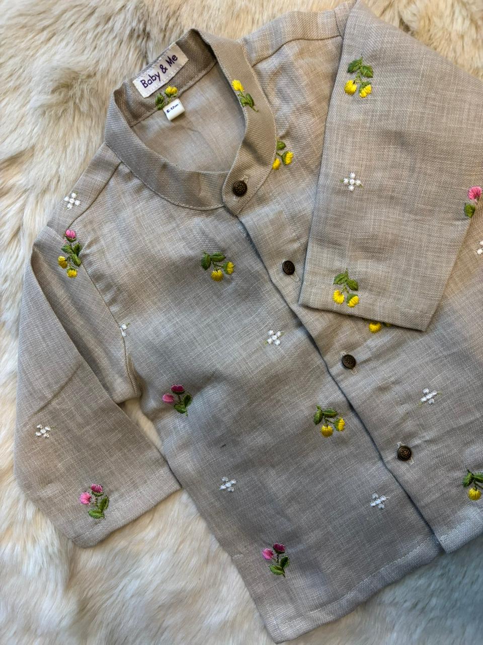 Pure Linen Grey and Bottle green red zari Kurta Dhoti for baby boy