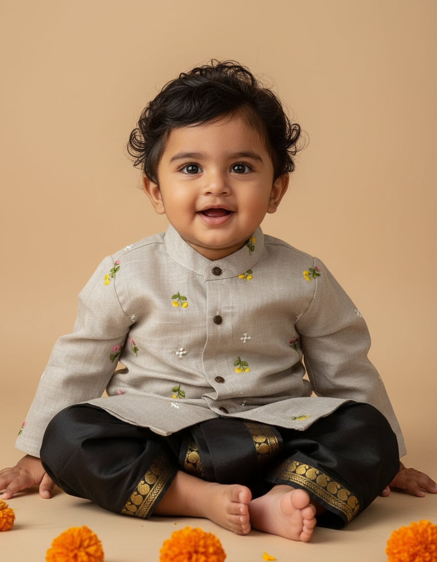 Grey Linen Kurta and black for baby boy kurta dhoti