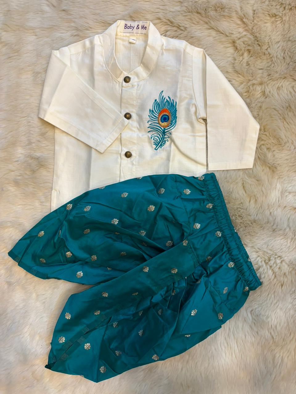 Baby Boy Krishna Dress - White and peacock blue feather embroidered kurta dhoti ethnic dress for baby boy