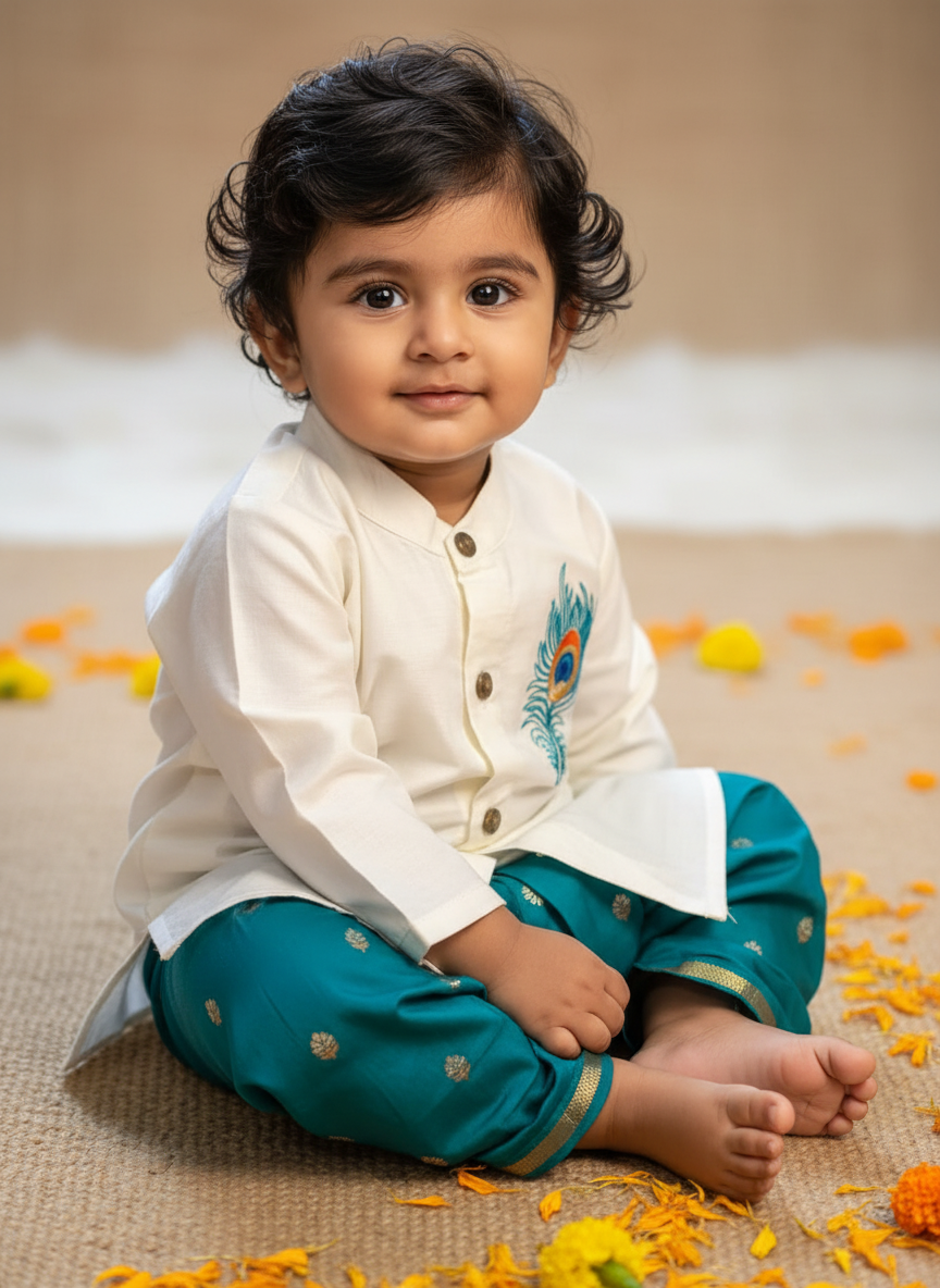 Baby Boy Krishna Dress - White and peacock blue feather embroidered kurta dhoti ethnic dress for baby boy
