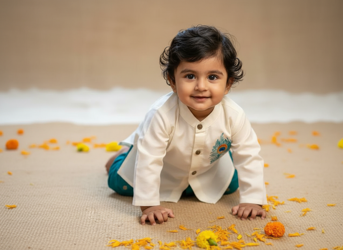 Baby Boy Krishna Dress - White and peacock blue feather embroidered kurta dhoti ethnic dress for baby boy